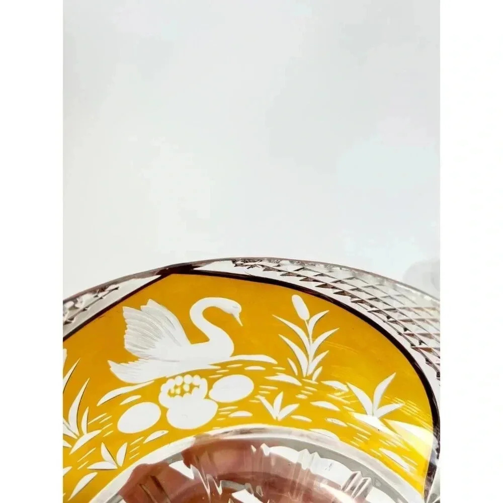 Julia Vintage Crystal Factory Diamond Cut Glass Swan & Foliage Polish Made Jar - Picture 8 of 9